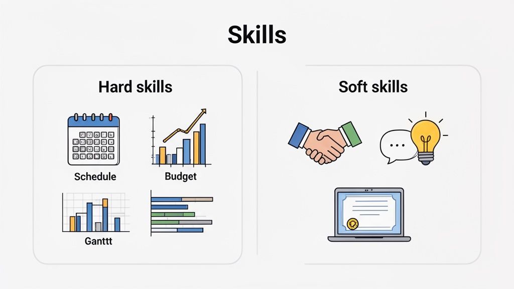 An infographic illustrating hard skills like schedule, budget, and Gantt charts, alongside soft skills such as communication and certification.