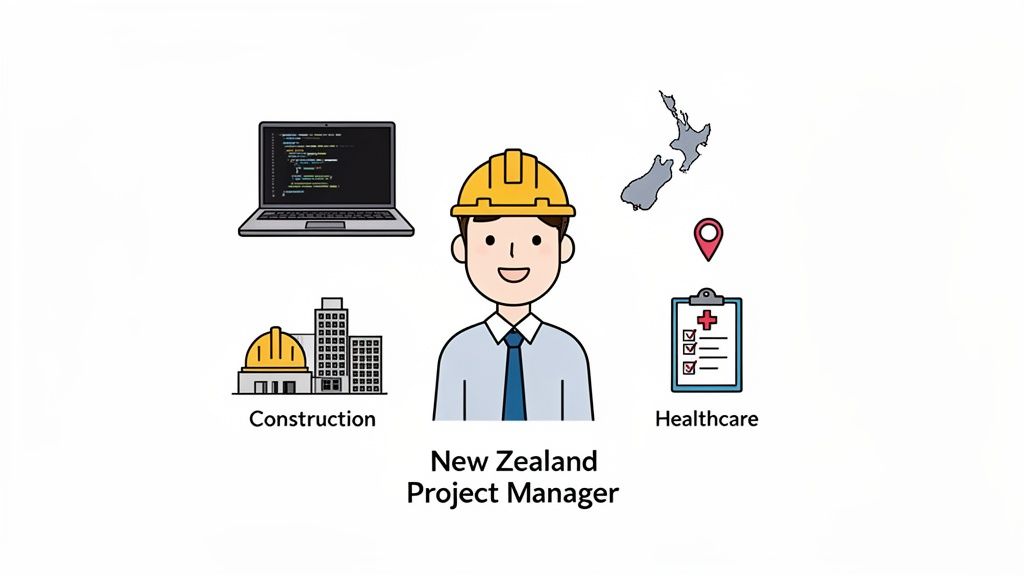 Cartoon project manager from New Zealand, highlighting roles in construction, IT, and healthcare sectors.
