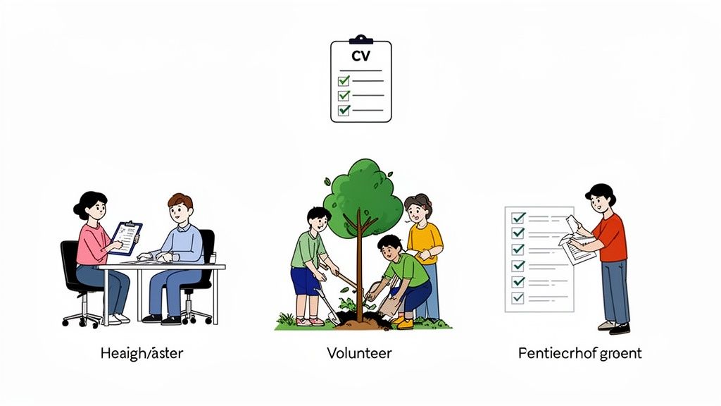 An illustration of a CV, a job interview, people planting a tree, and task management.