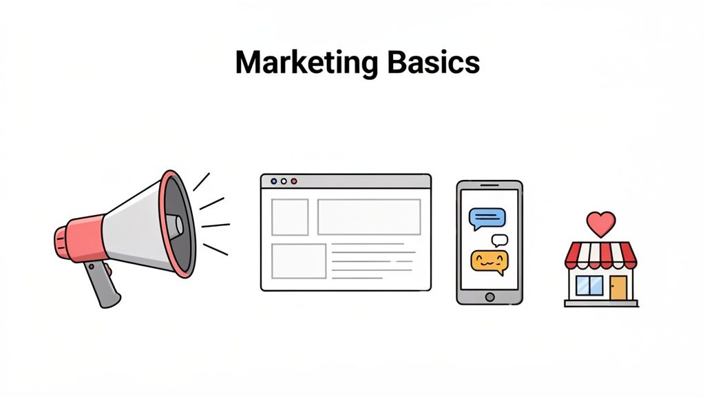 Illustration of Marketing Basics featuring a megaphone, website, smartphone with chat, and a small business shop.