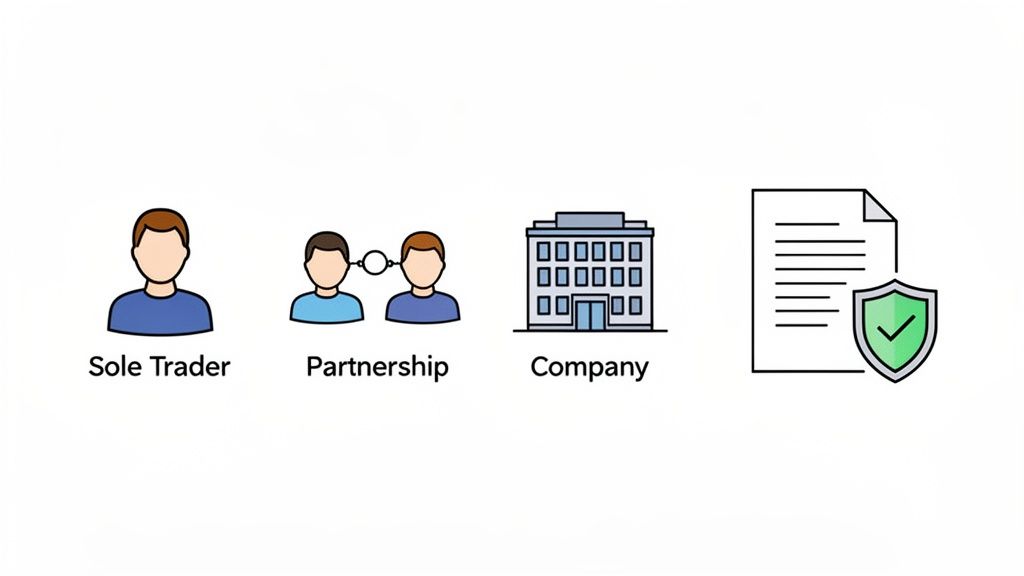 Icons illustrating various business structures: sole trader, partnership, company, and legal protection.