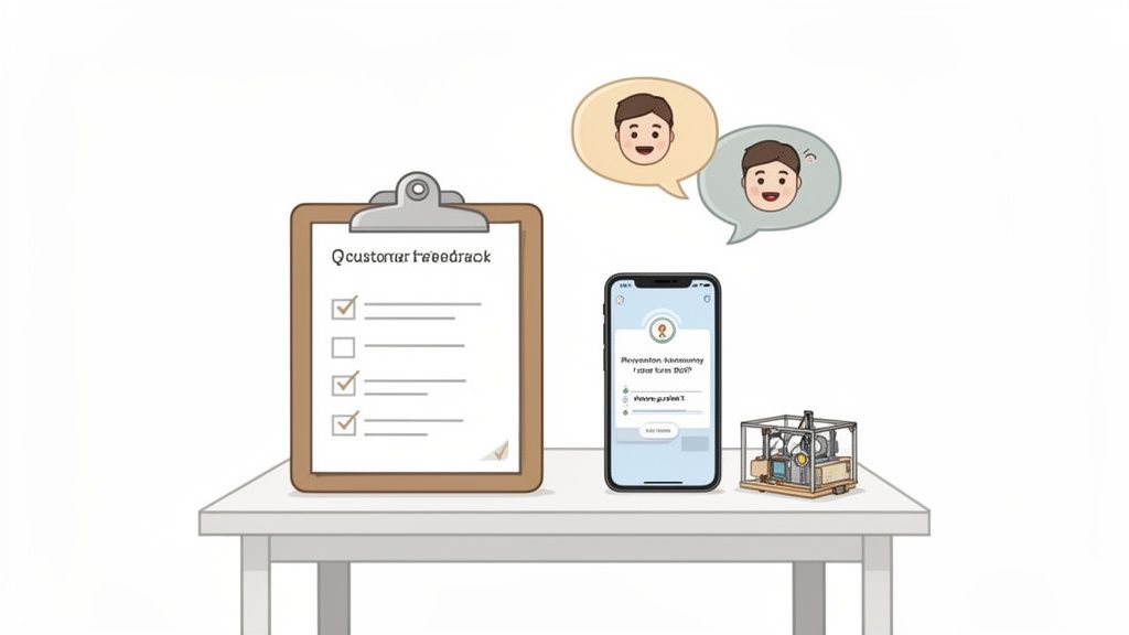 An illustration depicting customer feedback methods, showing a clipboard with a survey, a smartphone app, and two people communicating, all on a table.