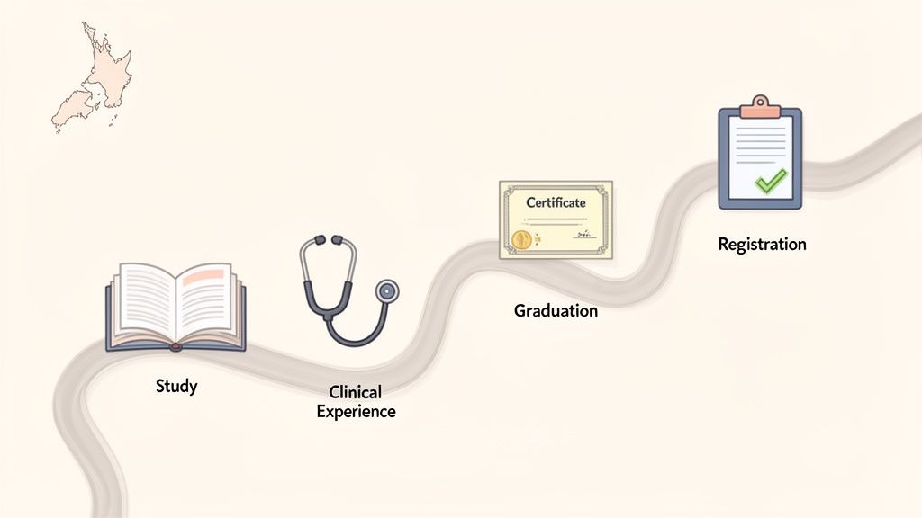 Infographic showing the journey from study to registration for a nurse in New Zealand.