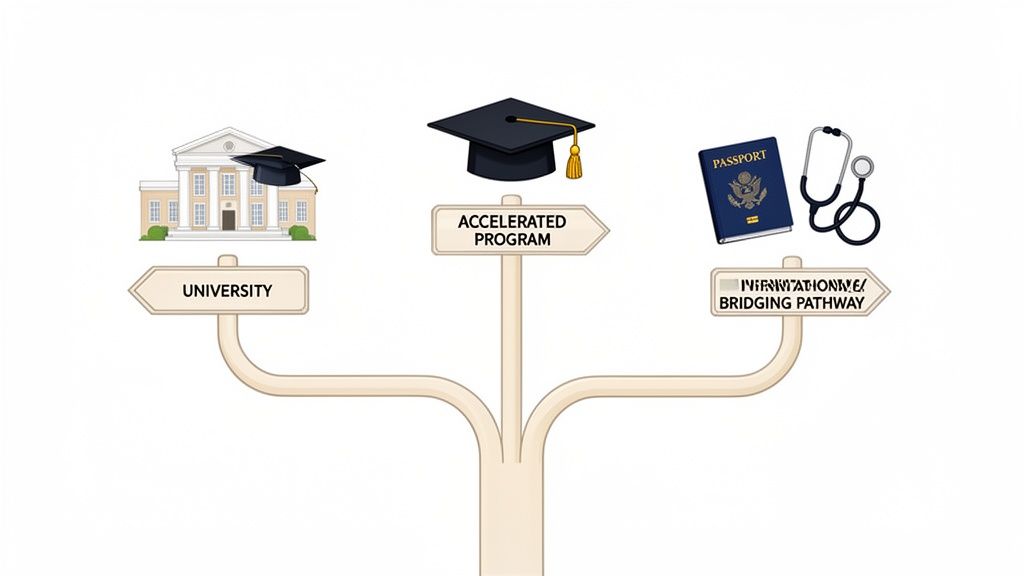A visual illustrating three different educational pathways for a career, including university and accelerated programs.