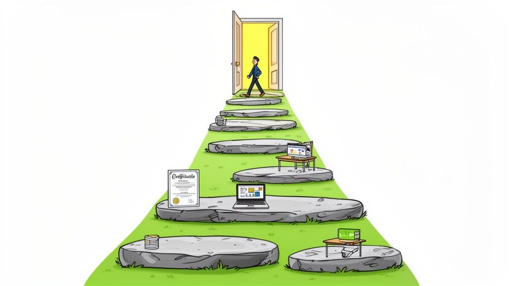 An illustrated career path with stepping stones leading to an open door, featuring a certificate, laptop, and workstations.