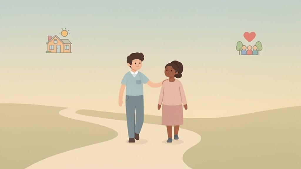 Illustration of a diverse couple walking a path towards goals like home and family, symbolizing support.