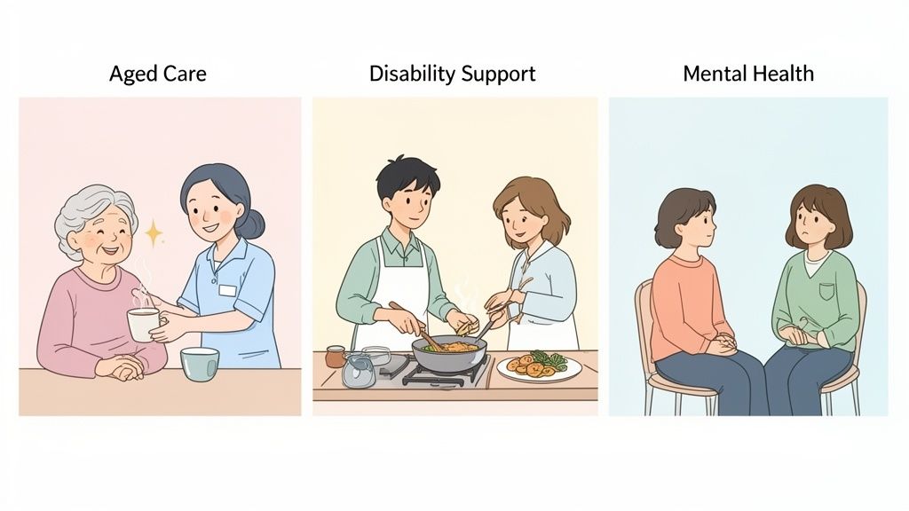 Illustrations showing aged care support, disability support with cooking, and mental health support with conversation.