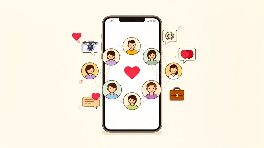 A smartphone screen displaying a central red heart surrounded by diverse user avatars, symbolizing online connections and community.