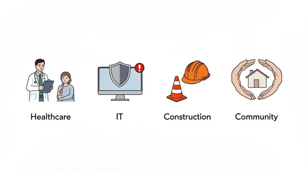 Four distinct icons illustrate key sectors: healthcare, IT, construction, and community.