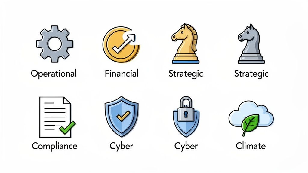 Icons representing operational, financial, strategic, compliance, cyber, and climate risk management categories.