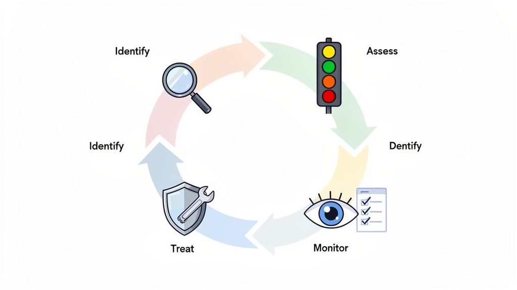 A circular diagram illustrating a risk management process with steps: Identify, Assess, Monitor, and Treat.