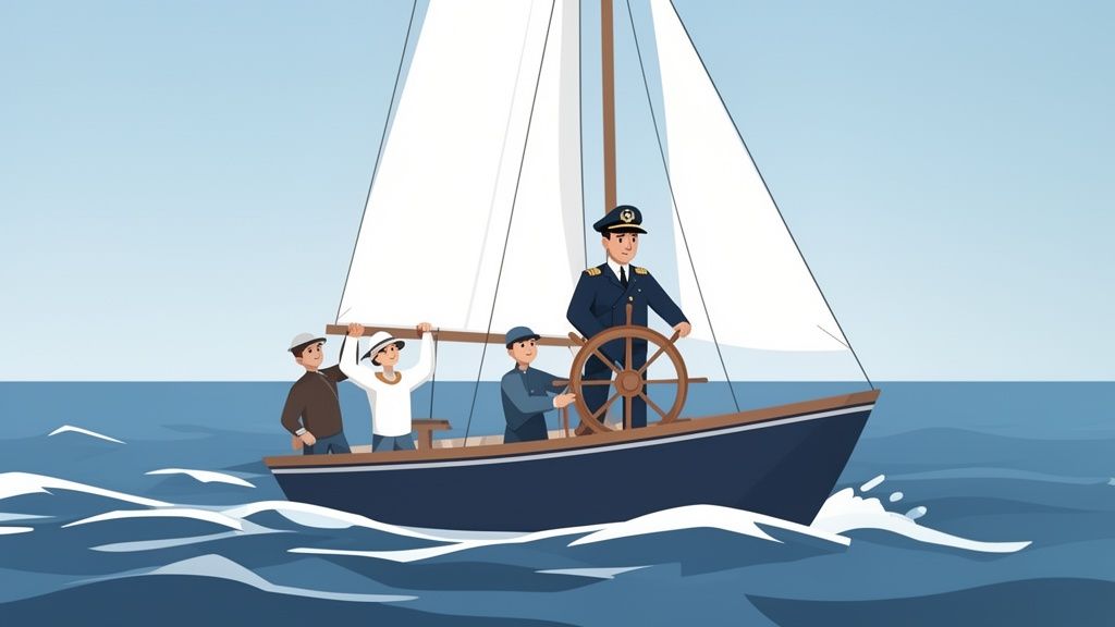 A captain in uniform and three crew members steer a sailboat across blue waters.