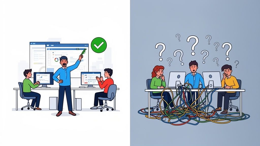 Illustration contrasting clear instruction with confused workers amidst tangled cables, representing effective vs. ineffective processes.