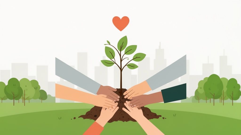 Diverse hands together nurture a young plant, symbolizing community, growth, and environmental care in a city park.