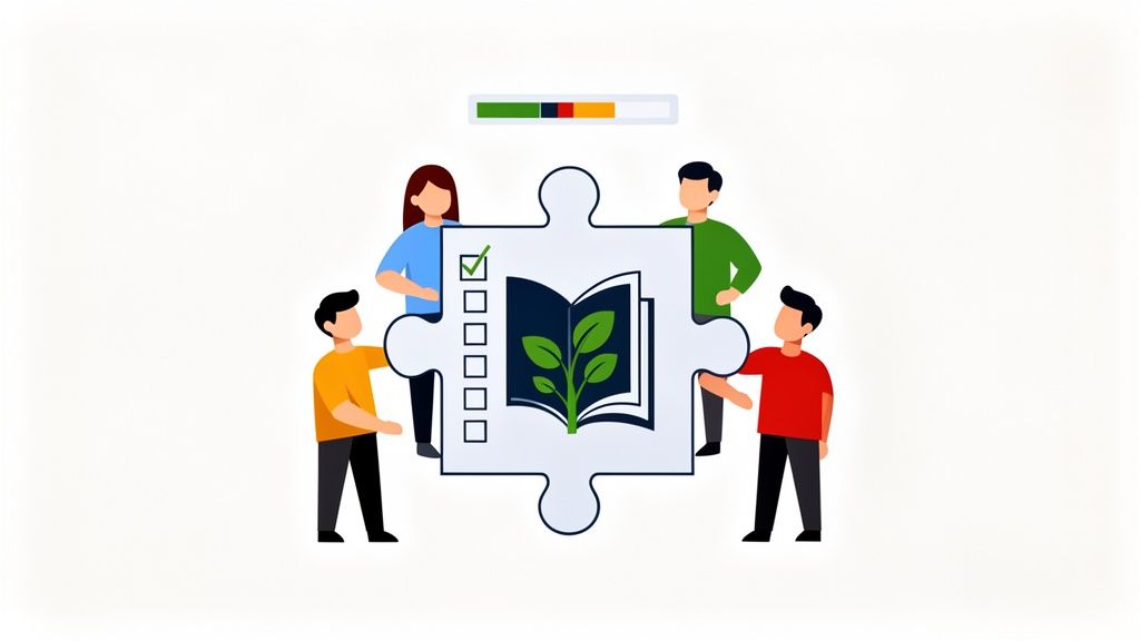 Four people collaborate around a puzzle with a book, plant, checklist, and progress bar.