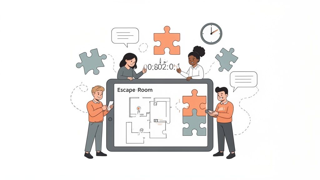 Four people engage in an escape room game on a tablet, surrounded by puzzles and a timer, symbolizing teamwork.