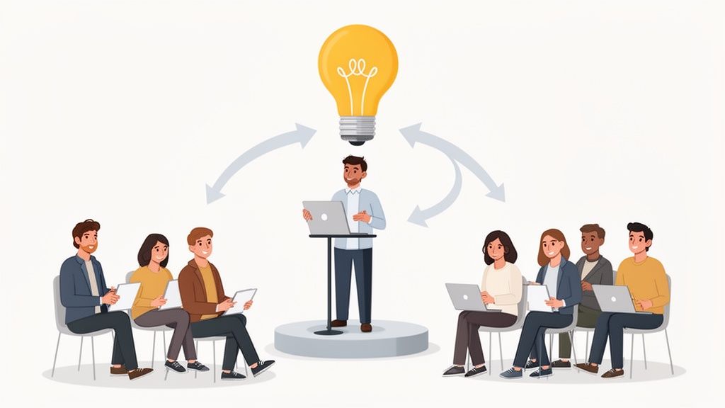 An illustration of a presenter sharing ideas with two groups of diverse professionals, symbolizing collaboration.