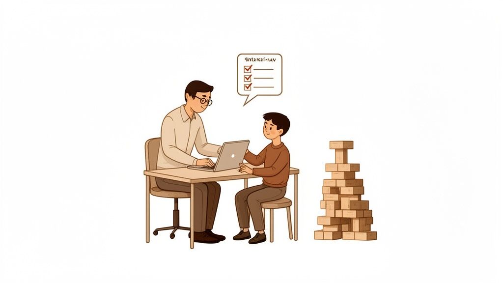 An adult teaches a child coding on a laptop, with a checklist and building blocks nearby.