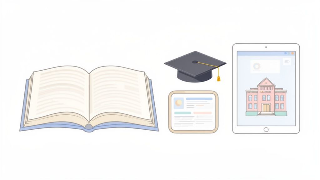 Illustrative image showing an open book, graduation cap, ID card, and tablet, representing education.