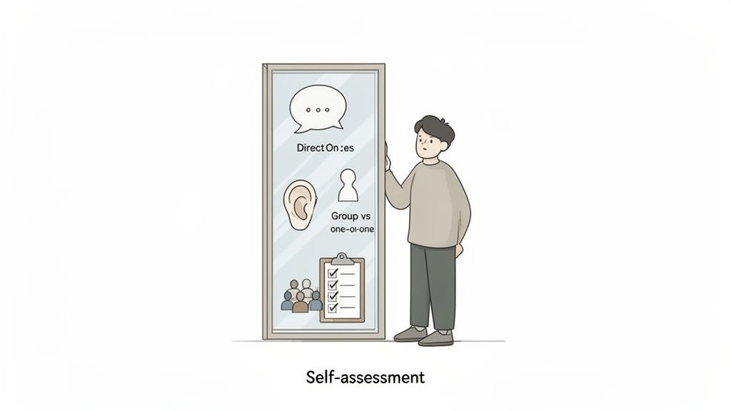 An illustration of a person doing a self-assessment of their communication skills reflected in a mirror.