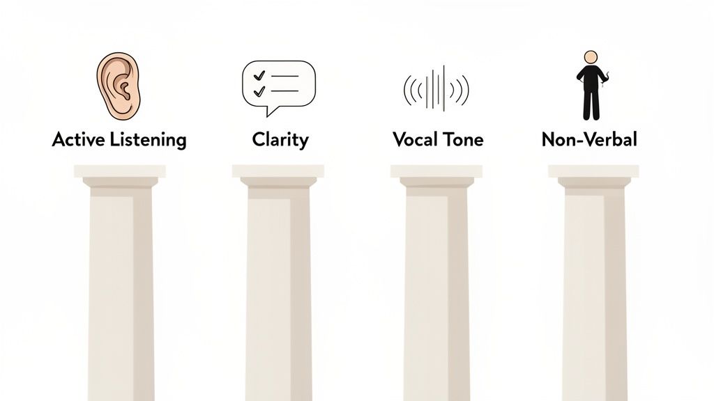 Four pillars of effective communication: Active Listening, Clarity, Vocal Tone, and Non-Verbal cues.