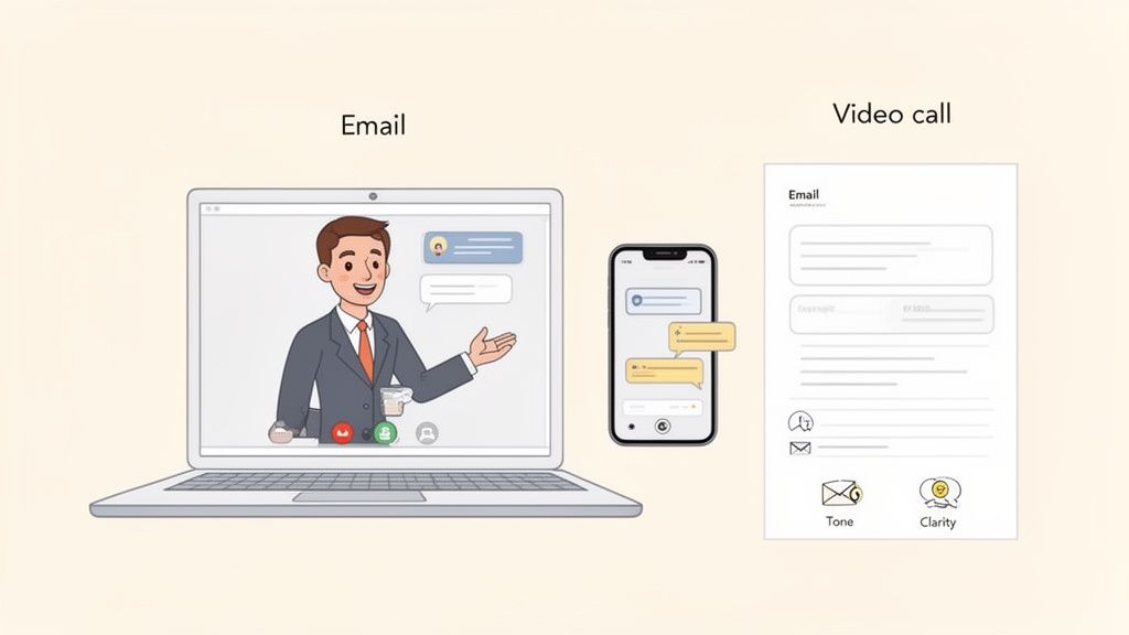 An illustration showing a laptop video call, a smartphone with chat messages, and an email template with 'Tone' and 'Clarity' icons.