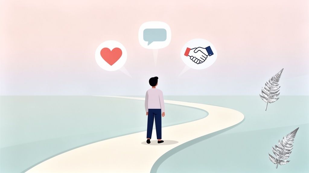 Illustration of a person on a winding path, pondering empathy, dialogue, and partnership.