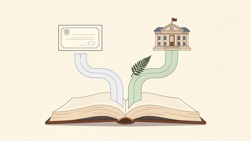 Two paths, one from a certificate, another from a university building, lead into an open book.
