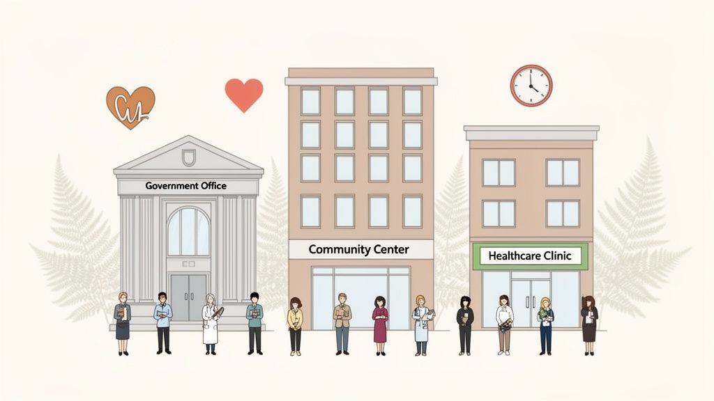Government office, community center, and healthcare clinic with staff, representing social services.