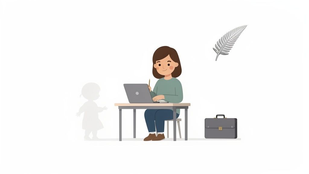 Illustration of a woman working on a laptop, with a child's silhouette and a New Zealand silver fern.