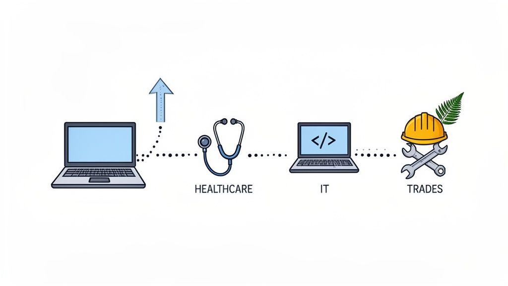 Illustration showing a laptop, then healthcare, IT, and trades professions, connected by a dotted line with an upward arrow.