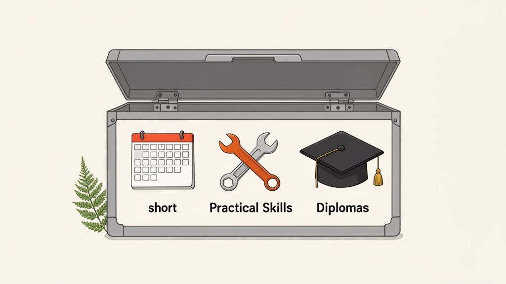 An open briefcase displays three education options: short courses (calendar), practical skills (wrenches), and diplomas (graduation cap).