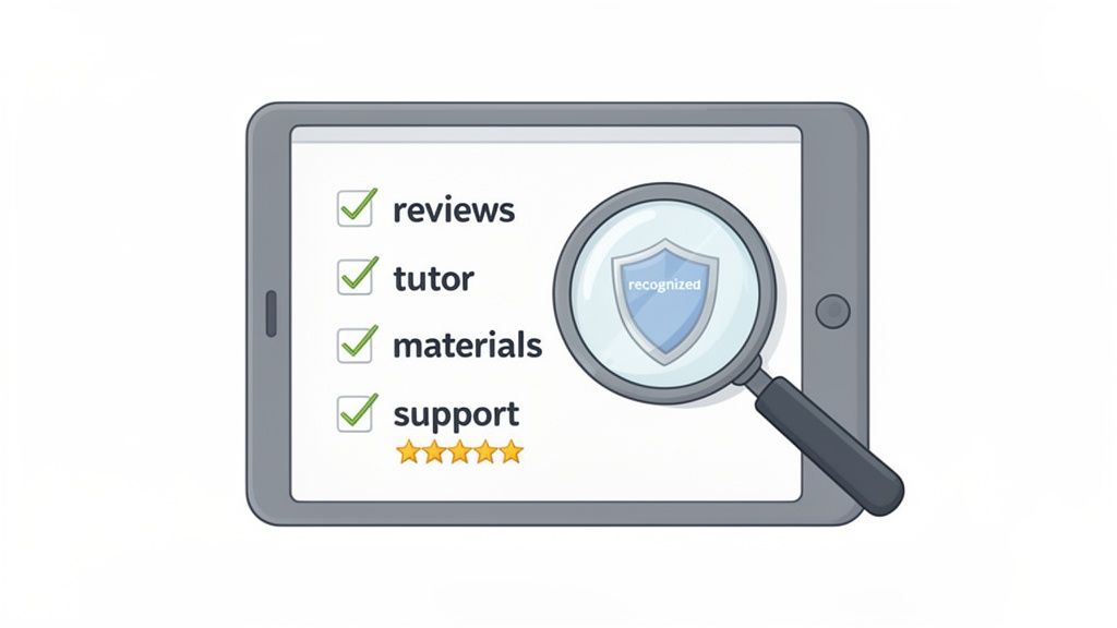 Tablet displaying a checklist for online courses: reviews, tutor, materials, support, and a recognized shield.
