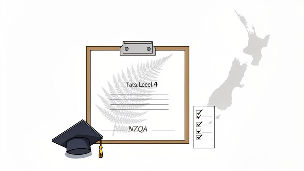 Illustration of a New Zealand qualification (NZQA Level 4) with a graduation cap and checklist, representing achievement.