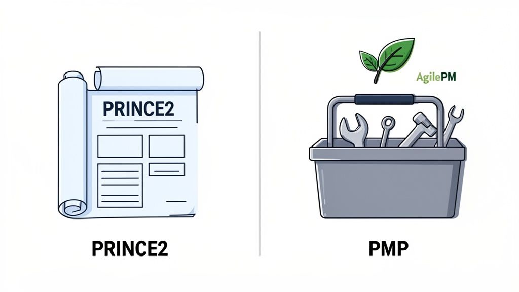 Illustration comparing PRINCE2 structured project management with PMP's agile toolkit approach.