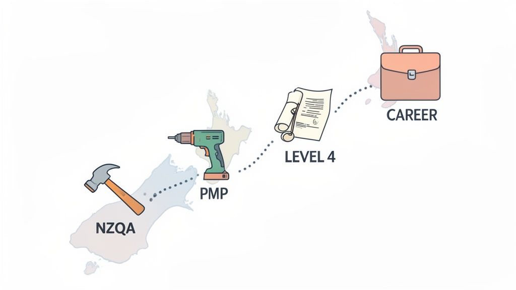 A diagram illustrating the project management certification and career path within New Zealand, showing key milestones.