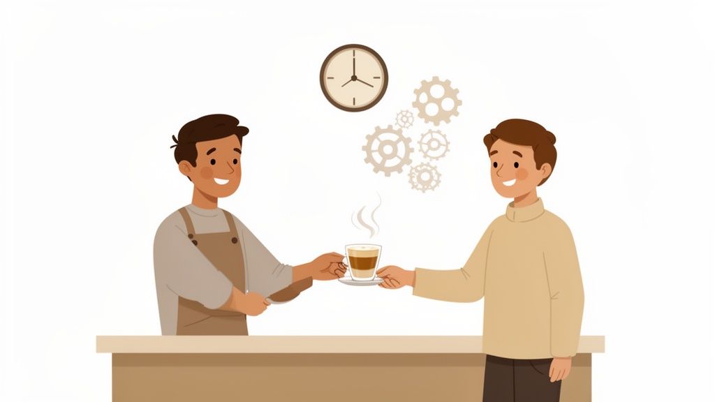 A barista hands a steaming coffee to a customer, with a clock and gears overhead symbolizing efficiency.
