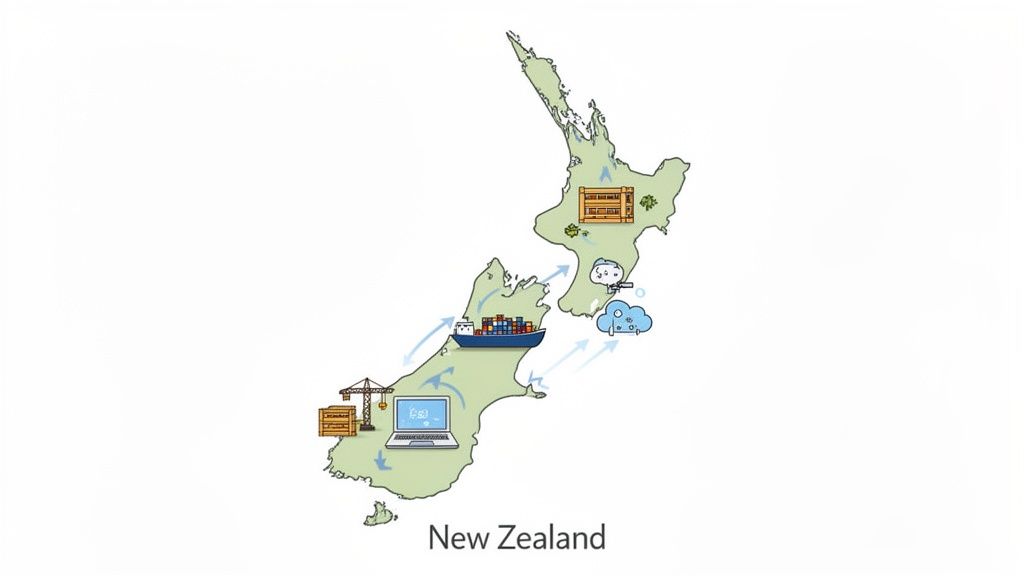 Map of New Zealand depicting interconnected operations, including shipping, construction, data, and agriculture.