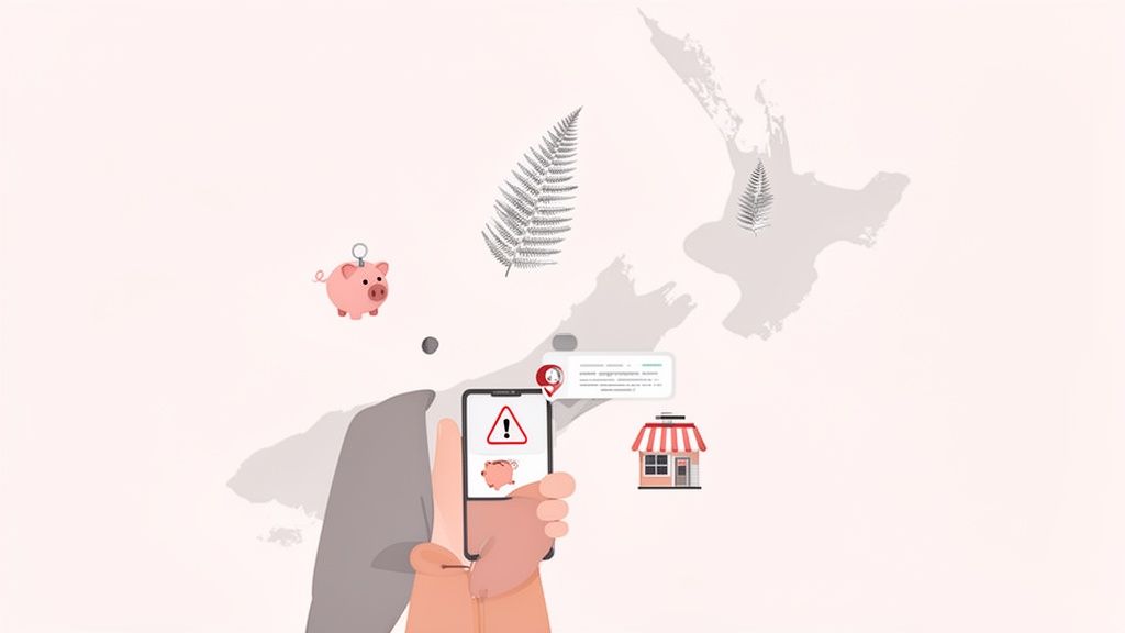 A hand holds a smartphone showing a financial alert with a broken piggy bank, set against a New Zealand map.
