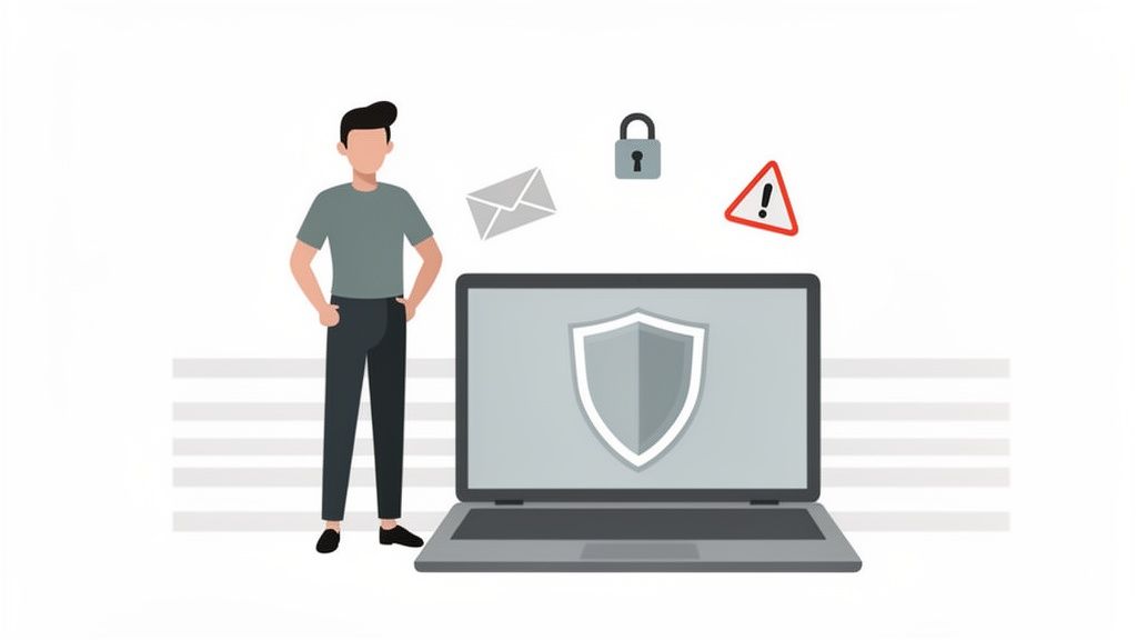 A man stands next to a laptop displaying a shield, with security and threat icons above.