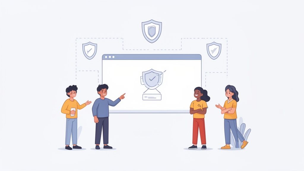 Four people discuss cybersecurity awareness, looking at a screen with a shield trophy and network protection symbols.