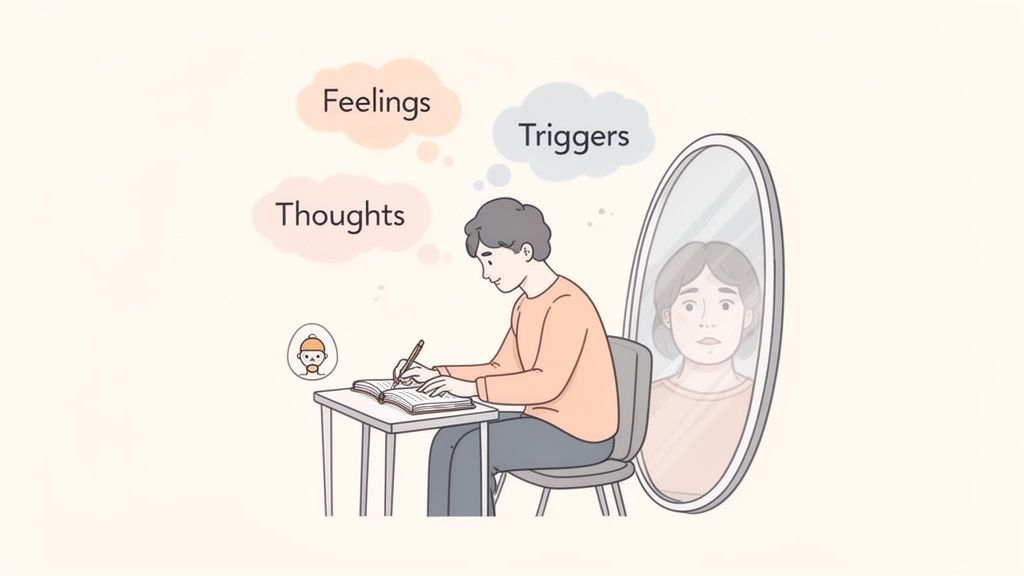 Illustration of a person journaling, reflecting on their feelings, thoughts, and triggers for self-awareness.