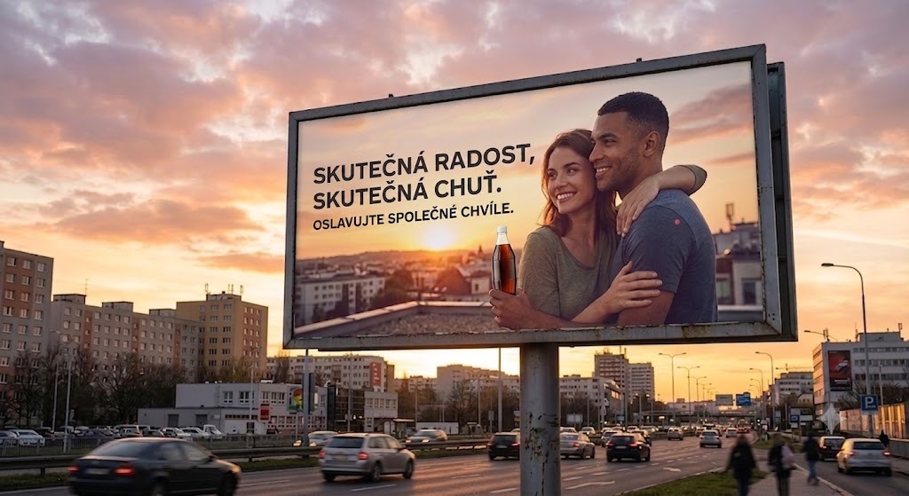 Billboard s objímajícím se párem, který je reklamou na nápoj