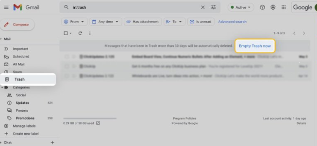 Gmail trash folder with empty trash option