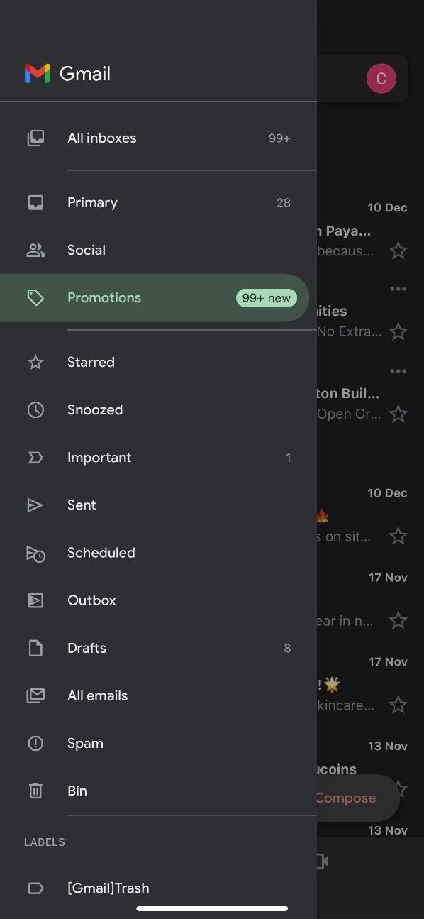 Gmail app folders