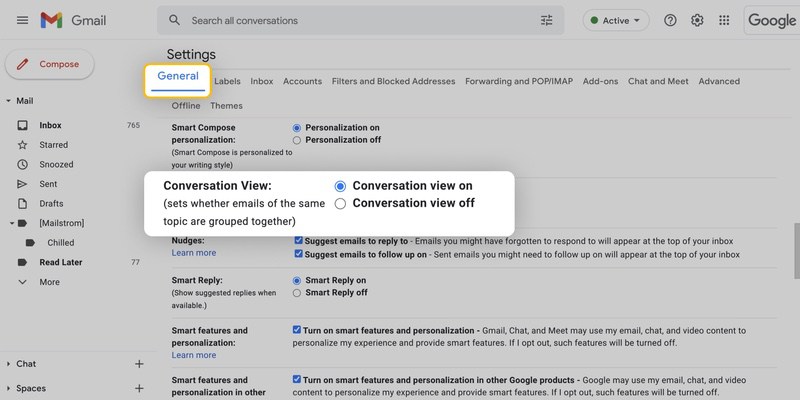 Scroll to find Conversation View for Gmail threads