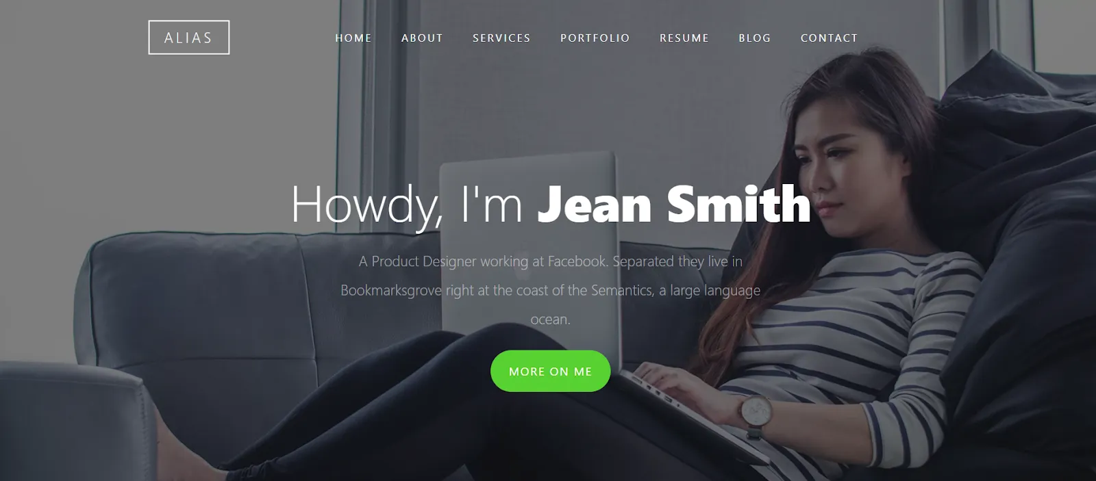 Image showing the homepage of Alias portfolio template website.