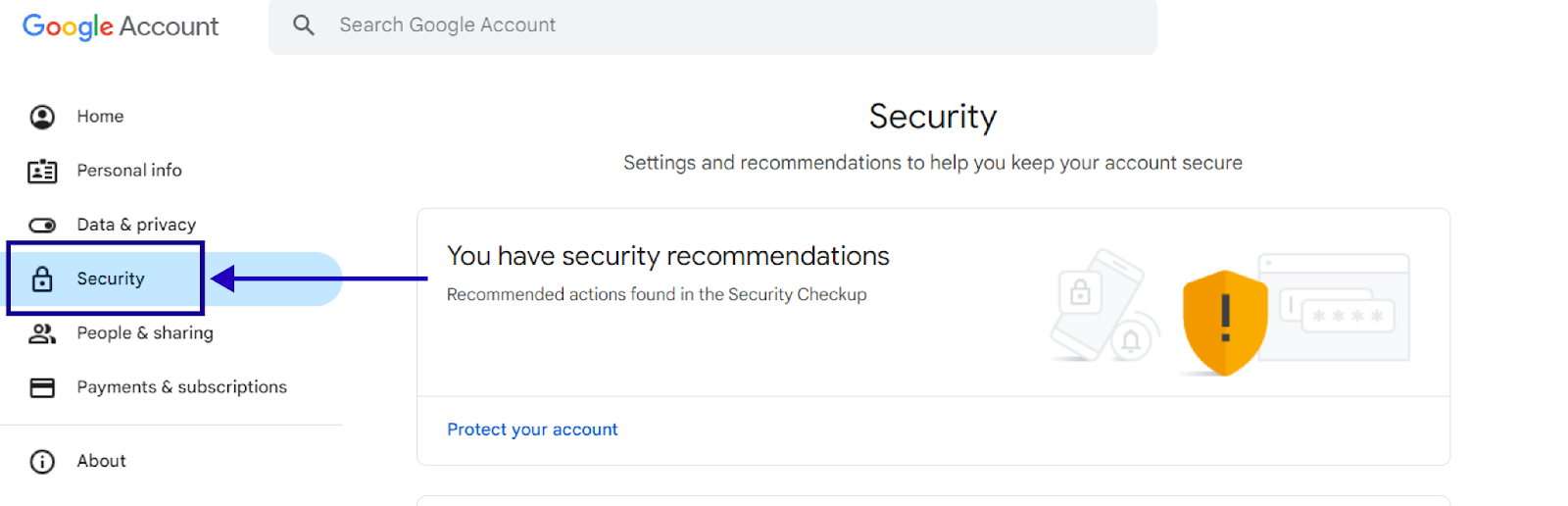 Image showing indication to click on security in google account.