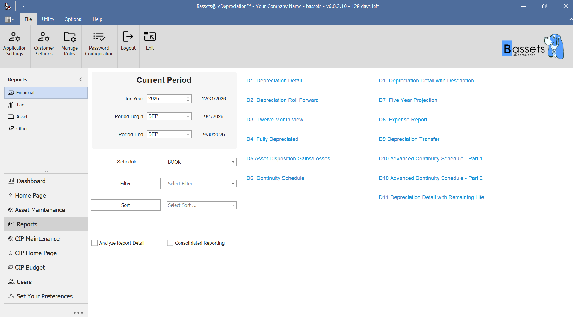 Fixed asset financial reports in Bassets eDepreciation