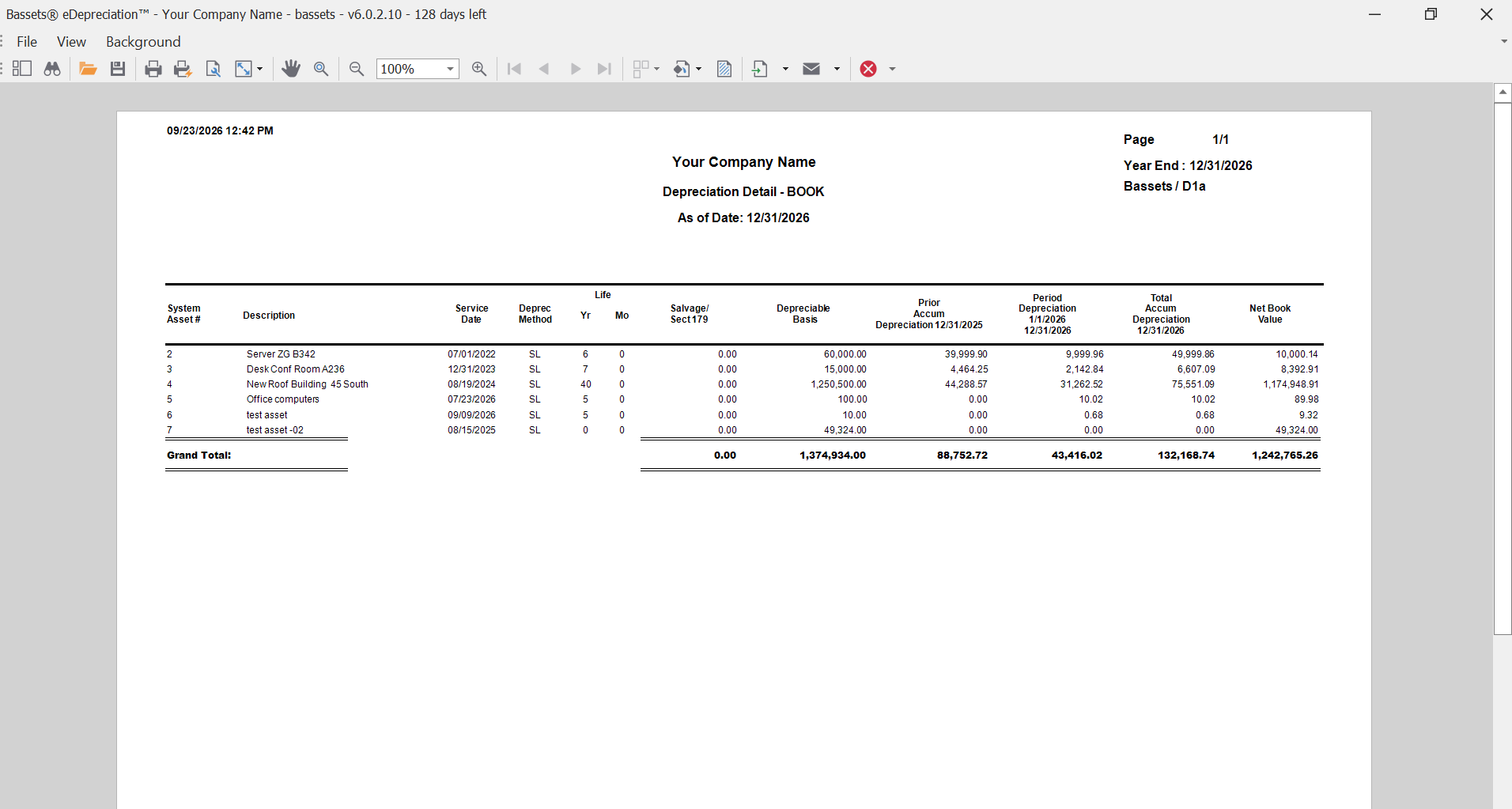 Fixed asset depreciation detail report with net book value